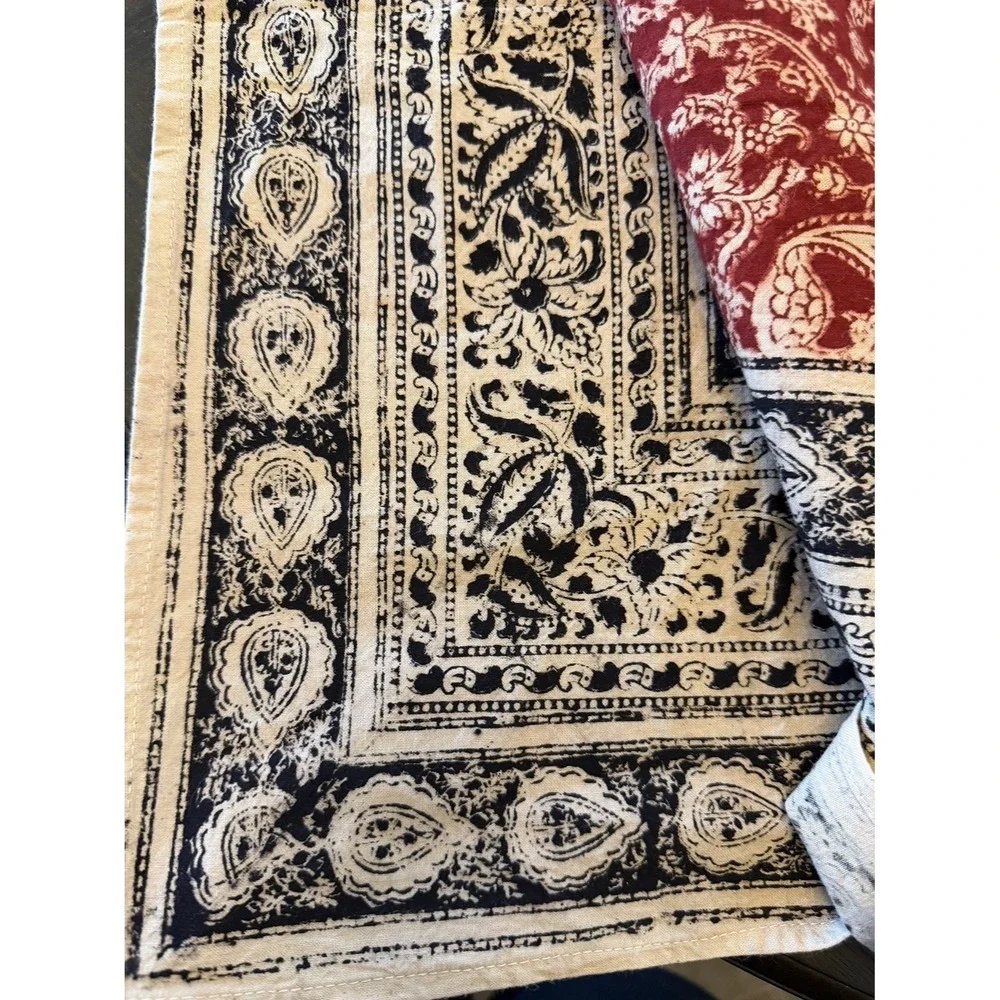Vintage Indian Block Print Floral Tablecloth Border Black Burgundy Square 44